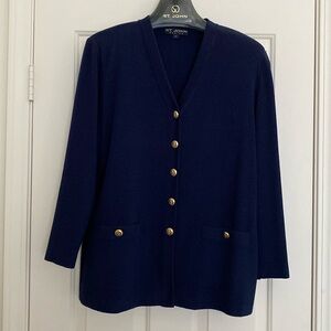 ST JOHN BASICS Navy Knit Cardigan With Silver & Navy Enamal Buttons Size 16
